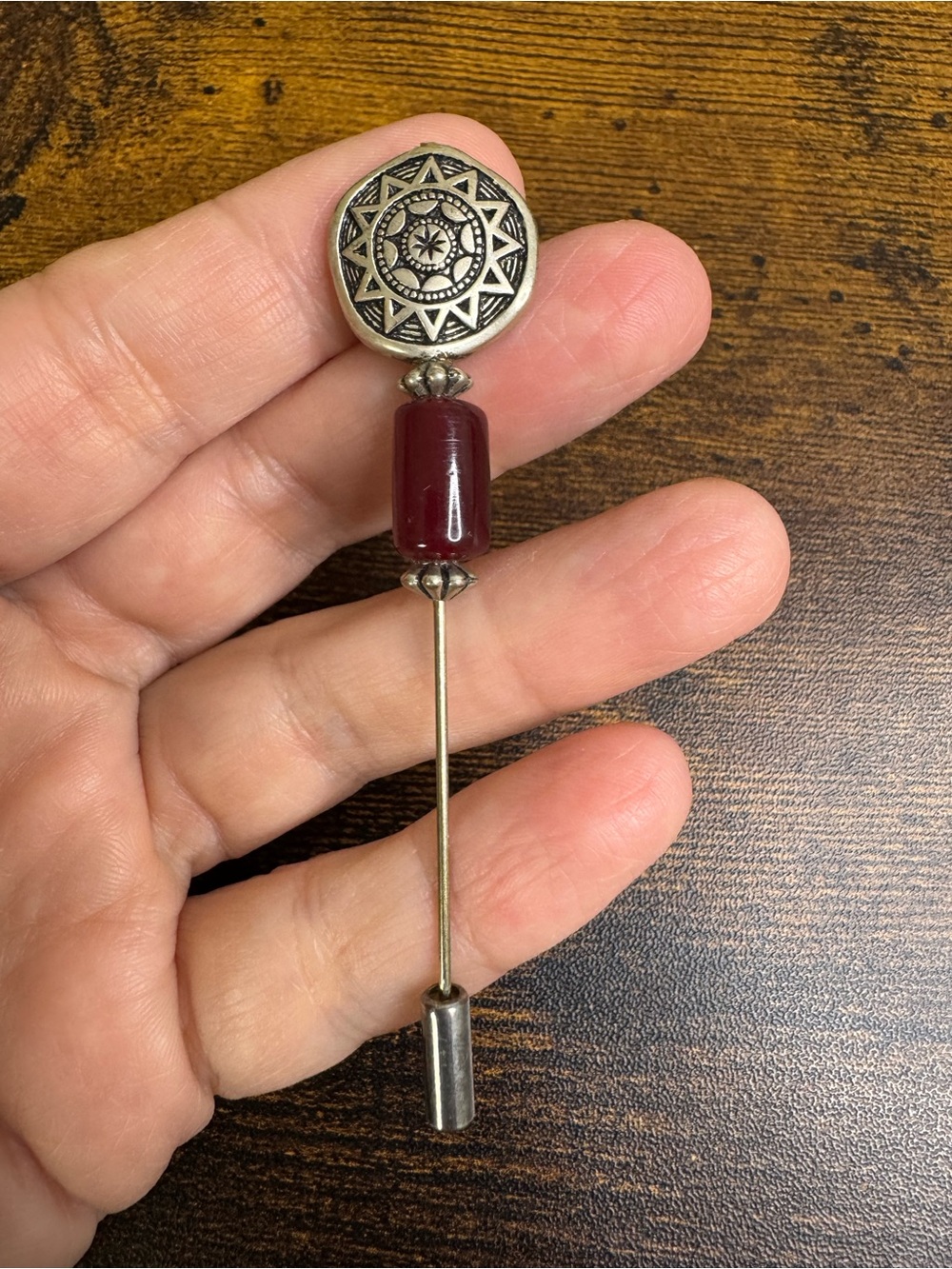 Vintage Silver-Tone Sun Starburst Medallion Stick Hat Pin with Red Glass Bead